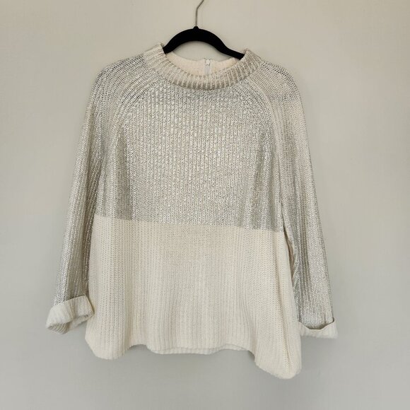 Chico’s Winter White & Metallic Silver Long Sleeve Zip Mock Neck Sweater Sz 2 Lg - Picture 1 of 8